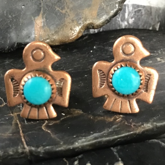 Vintage Copper Turquoise Earrings Thunderbird Southwest Style Pierced - Picture 10 of 12